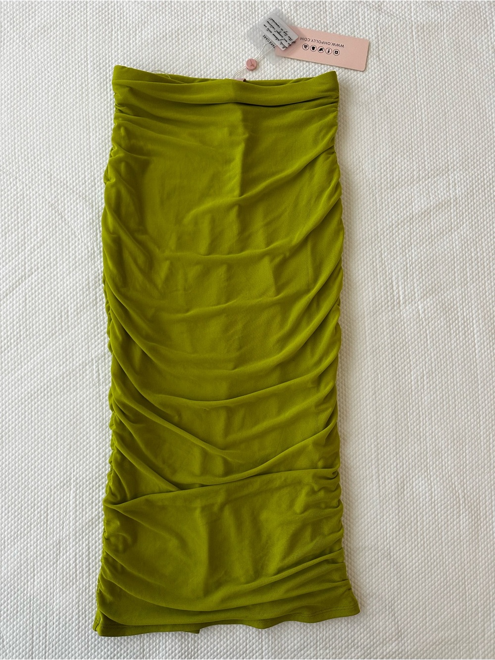Oh Polly NWT Chartreuse Ruched Strapless Bodycon Midi Dress US 6